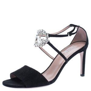 Gucci Black Suede Crystal Embellished GG Interlock Ankle Strap Sandals Sz 35